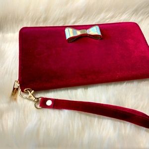 Red Velvet Wristlet Wallet with Metallic Bow